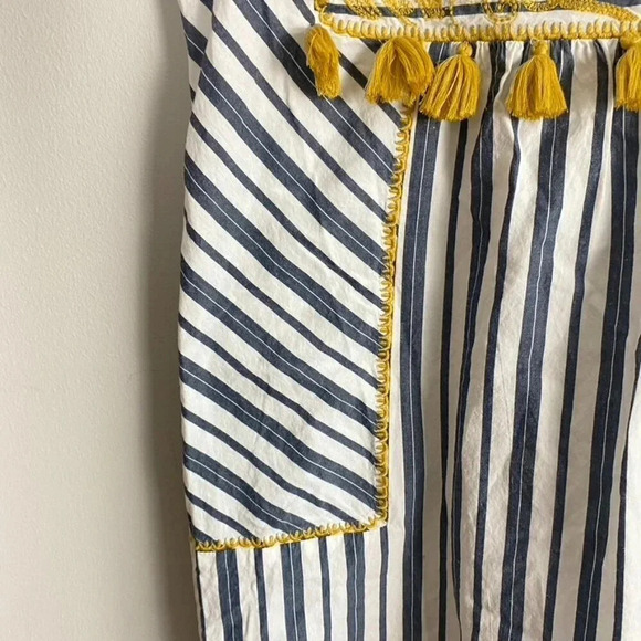 Blue and White Striped Yellow Embroidery Boho Tassel Dress - Picture 6 of 15